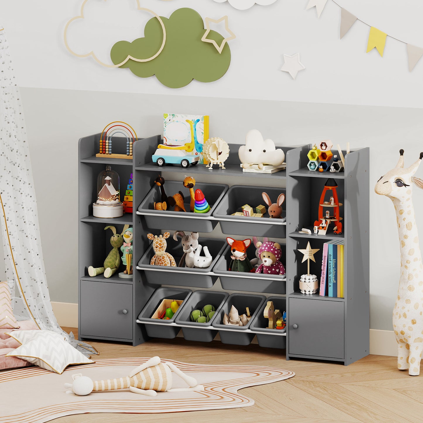 56 inch Large Toy Storage Organizer with 8 Removable Bins and Bookshelf, Gray Kids Storage at Gallery Canada