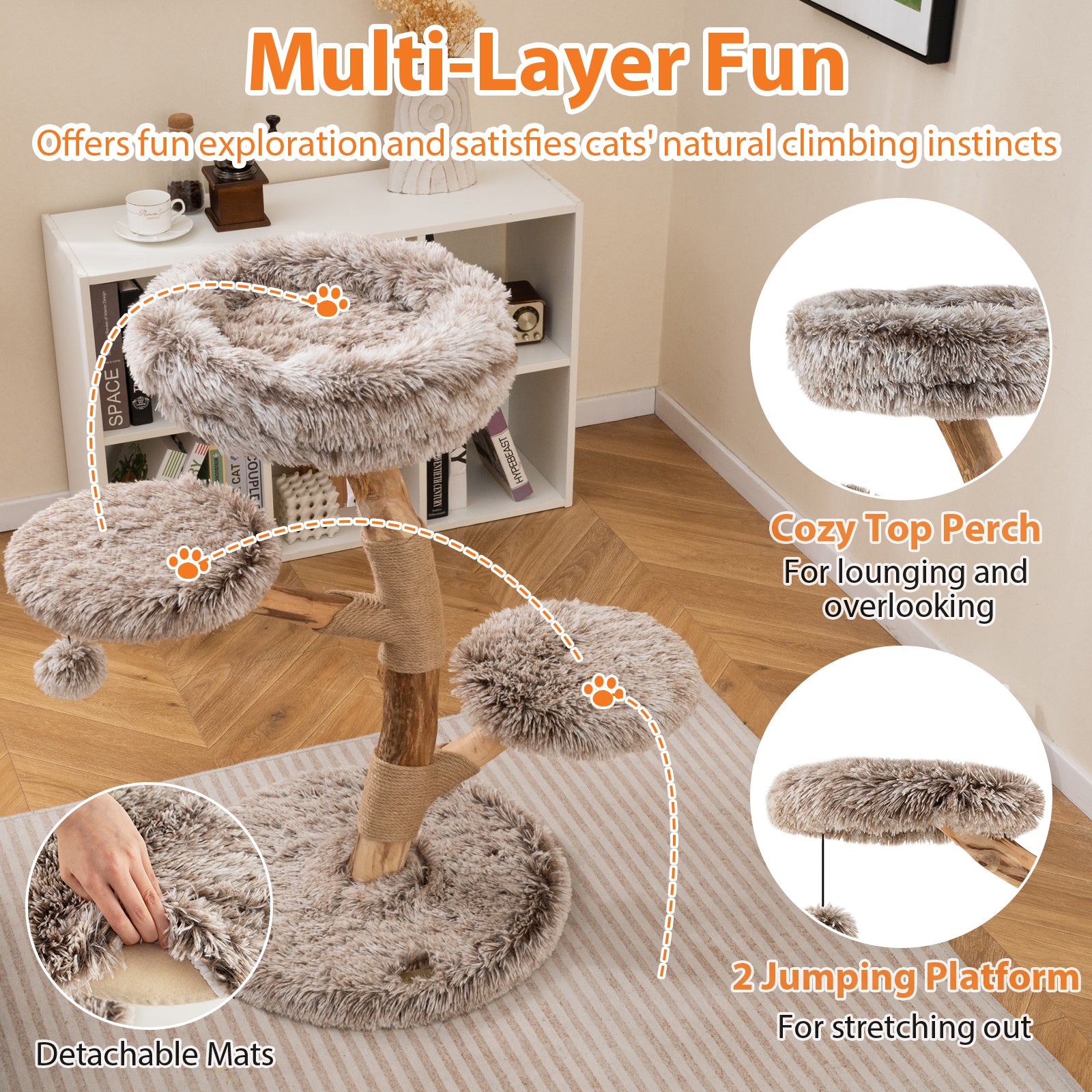 Cat Tree Solid Pear Wood with Perch and Natural Jute Scratching Posts, Brown Cat Trees Condos & Scratchers at Gallery Canada