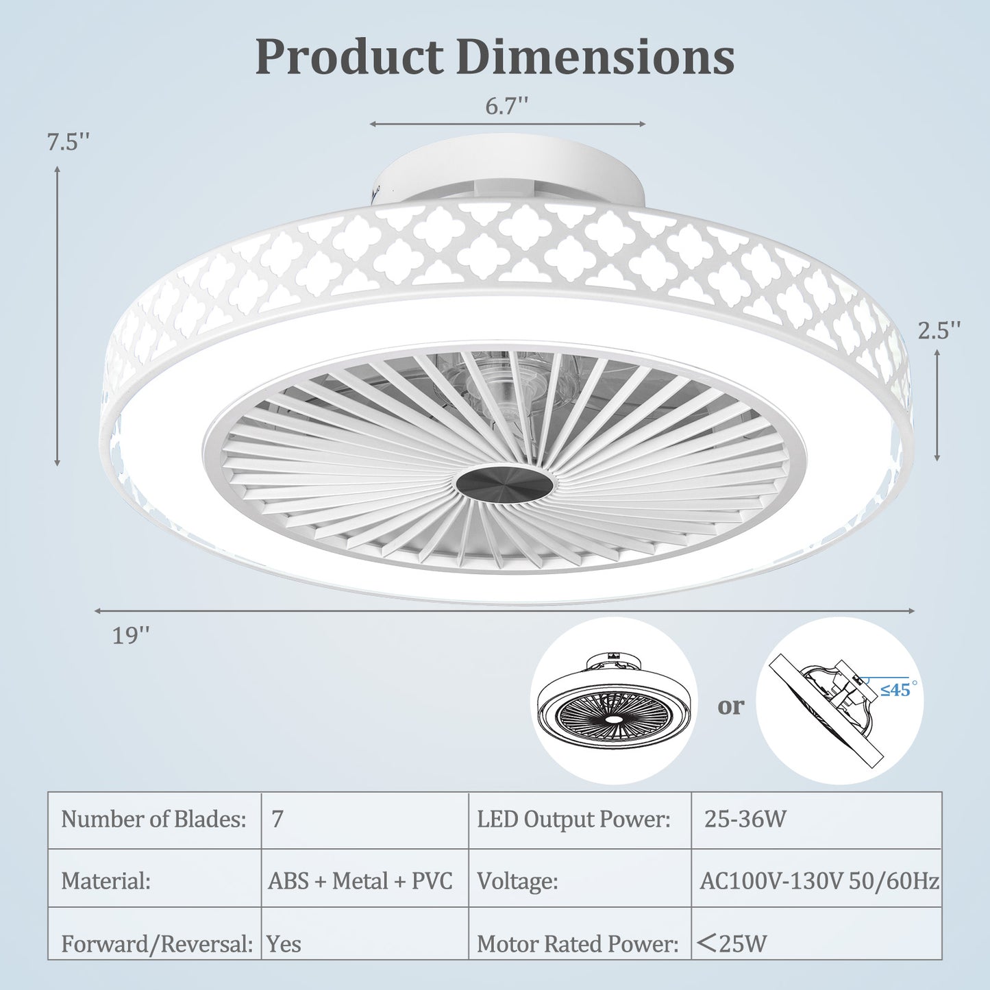 19 Inch Ceiling Fan with Light Low Profile Flush Mount Fan, White Ceiling Fans at Gallery Canada
