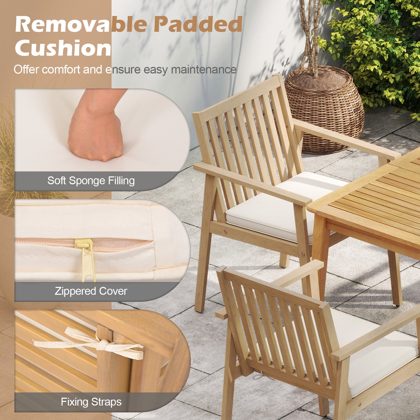 2 Pieces Patio Dining Chairs Outdoor Acacia Wood Chairs with Removable Padded Cushion, Oak Patio Dining Chairs at Gallery Canada