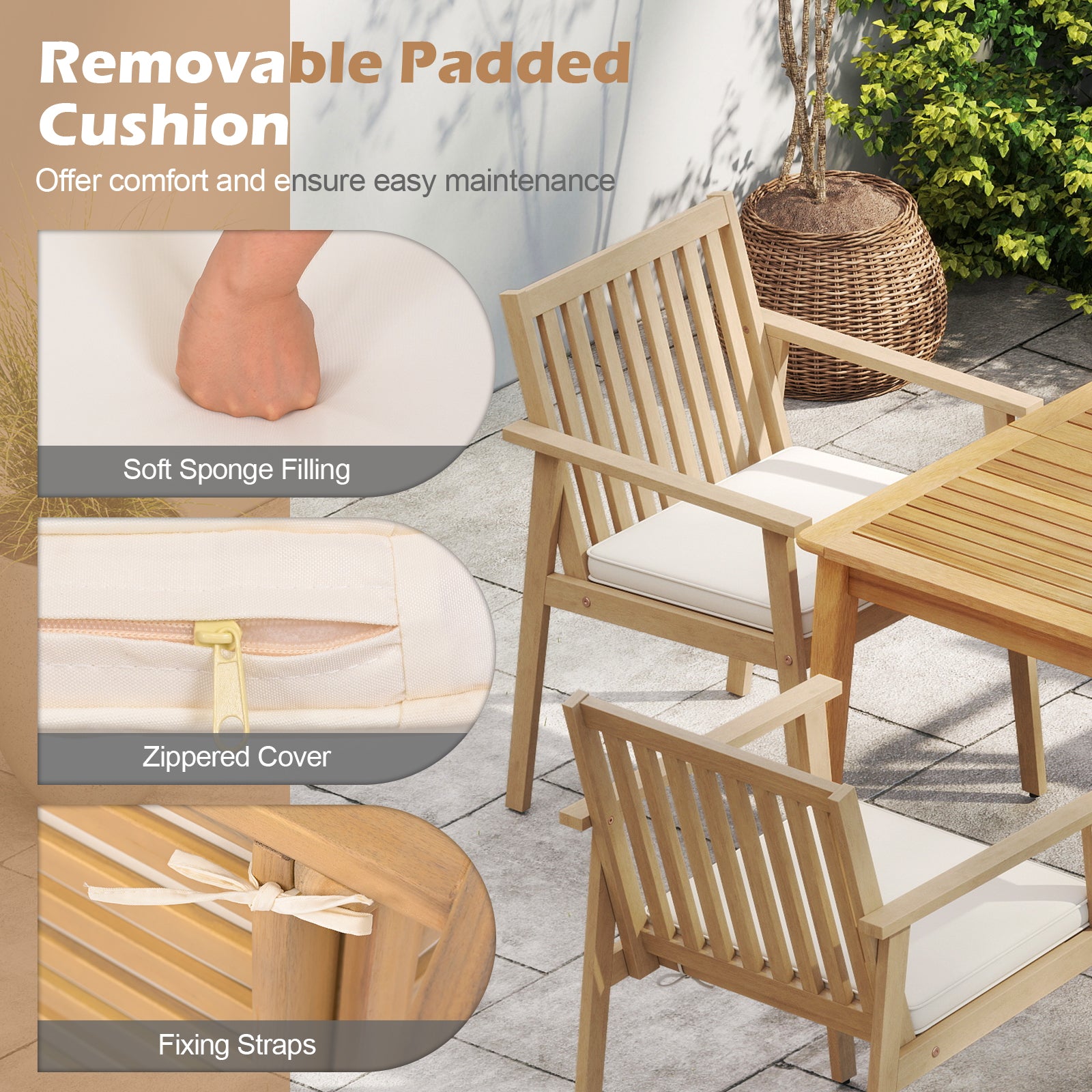 2 Pieces Patio Dining Chairs Outdoor Acacia Wood Chairs with Removable Padded Cushion, Oak Patio Dining Chairs at Gallery Canada