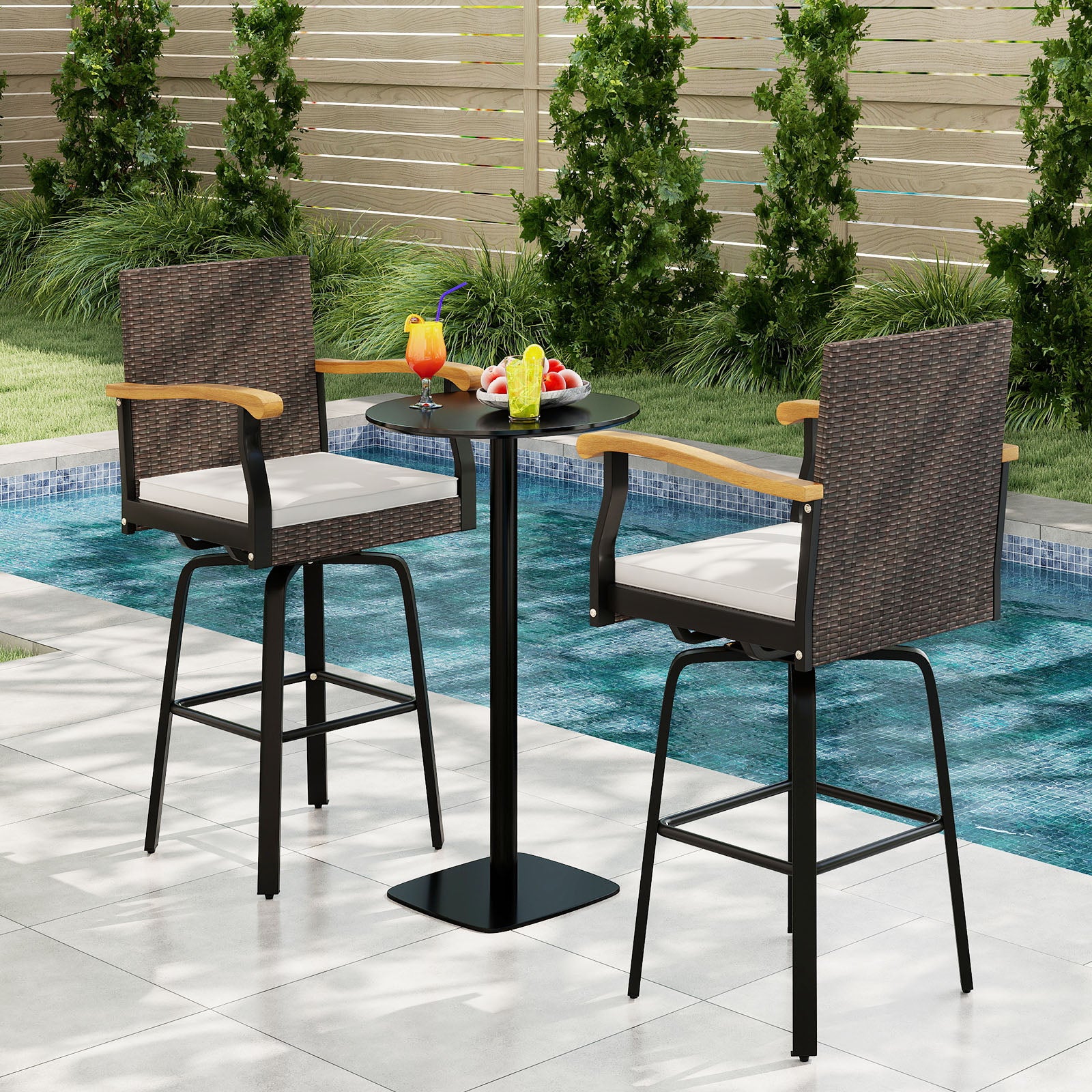 Set Of 2 Outdoor Swivel Bar Stools, With Cushion And Acacia Wood Armrests, Brown Patio Bar Furniture at Gallery Canada