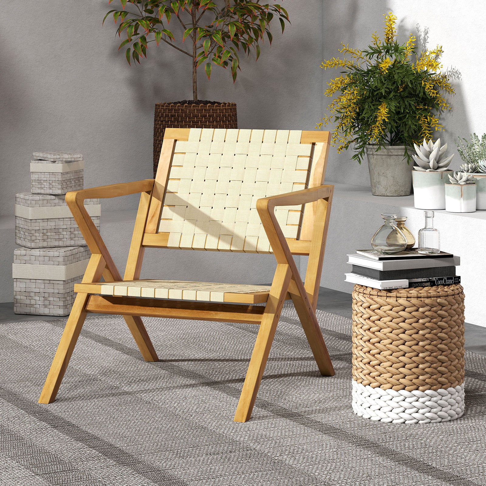 Outdoor and Indoor Teak Wood Patio Chair wuth Webbing Seat and Backrest, Natural Patio Dining Chairs at Gallery Canada
