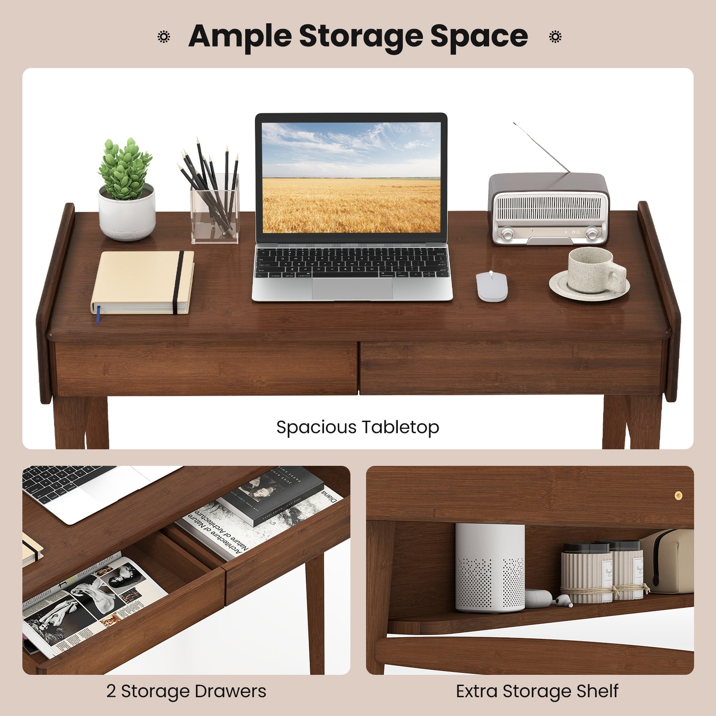 Bamboo Writing Desk With 2 Drawers, Open Shelf, Walnut Writing Desks at Gallery Canada