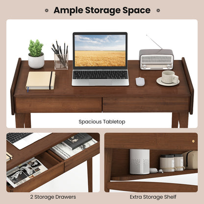 Bamboo Writing Desk With 2 Drawers, Open Shelf, Walnut Writing Desks at Gallery Canada