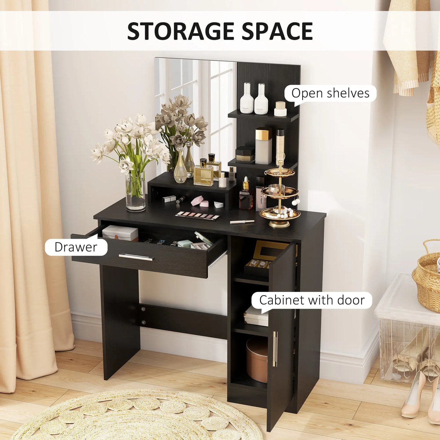 Vanity Desk with Mirror, Drawer, Open Compartment, Shelves, Cabinet Dressing & Vanity Tables at Gallery Canada