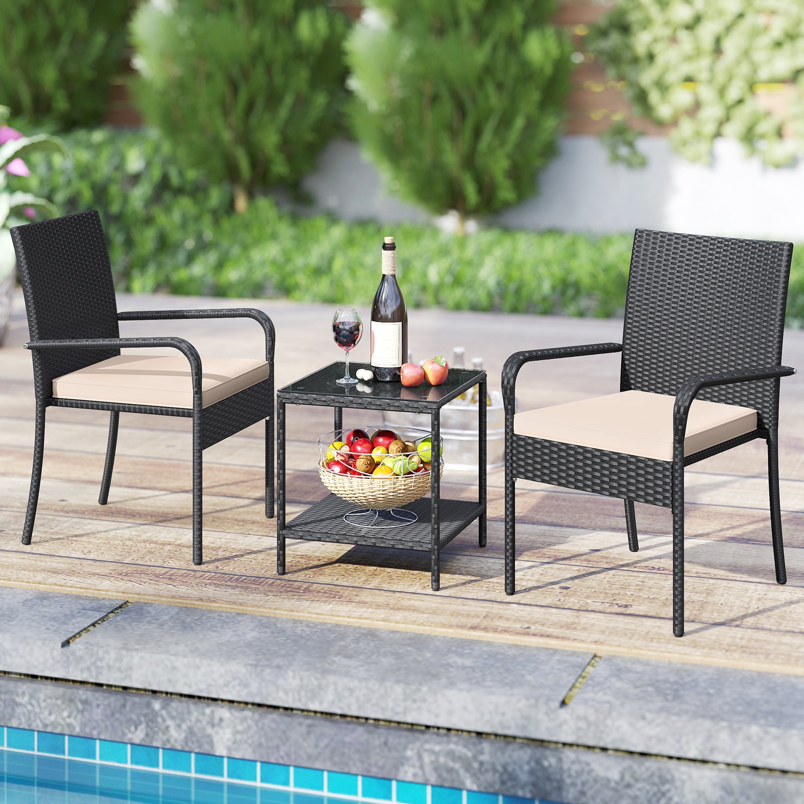 3 Piece Patio Furniture Set with Seat Cushions and Tempered Glass Tabletop, Beige Patio Conversation Sets at Gallery Canada