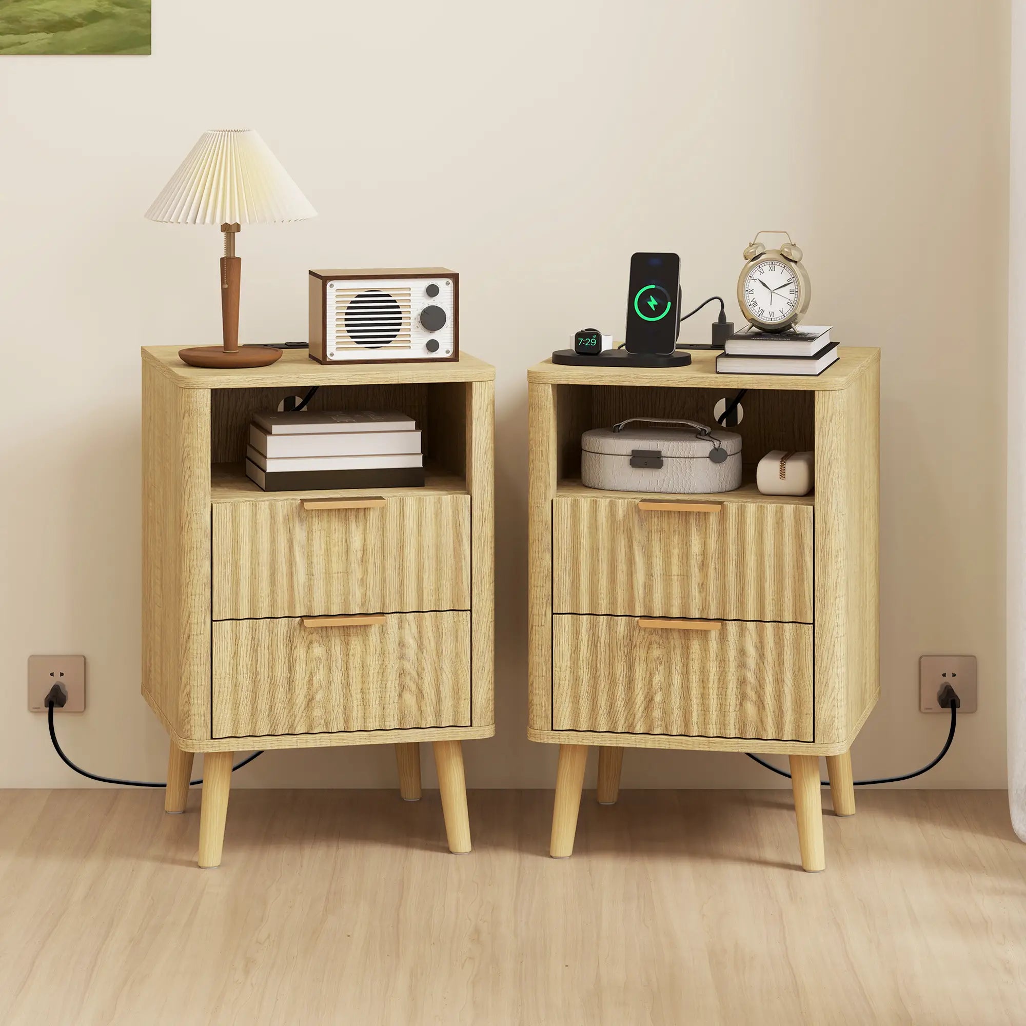 Modern Nightstands Set Of 2, Charging Station, 2 Drawers, Open Shelf, Oak Bedside Tables at Gallery Canada