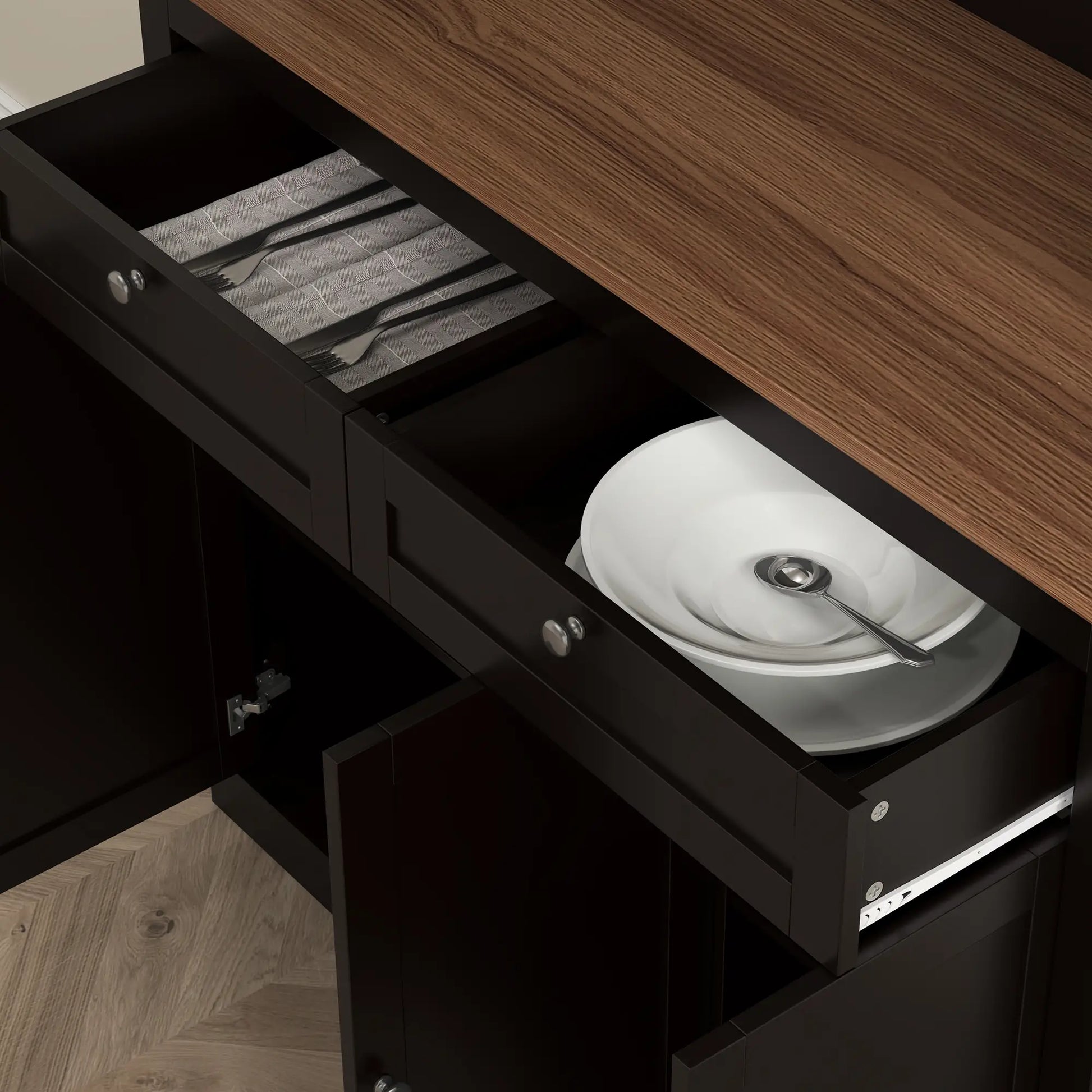 71" Pantry Cabinet with Microwave Space, Buffet Hutch, 2 Drawers, Adjustable Shelves, Black Kitchen Pantry Cabinets at Gallery Canada