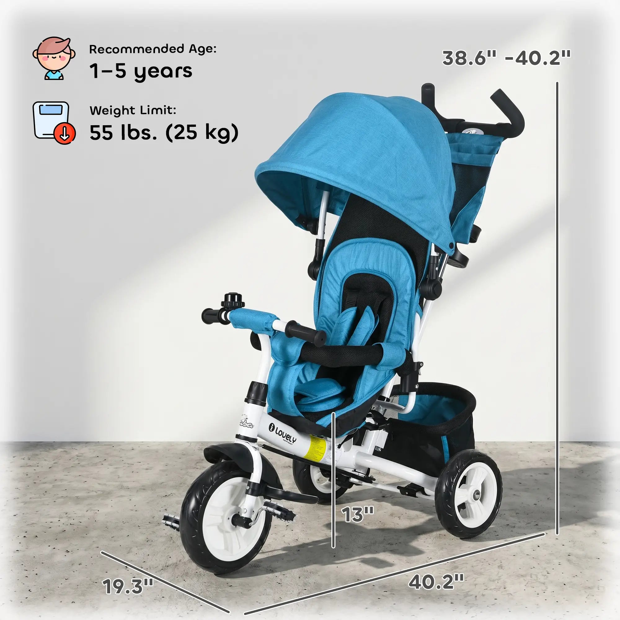 6 in 1 Tricycle for Toddlers, Parent-Push Handle, Blue Tricycles for Kids at Gallery Canada