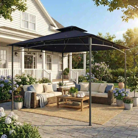 10' x 10' Gazebo, Soft Top, 2-Tier Roof, Metal Frame, Navy Blue Gazebos Navy Blue at Gallery Canada