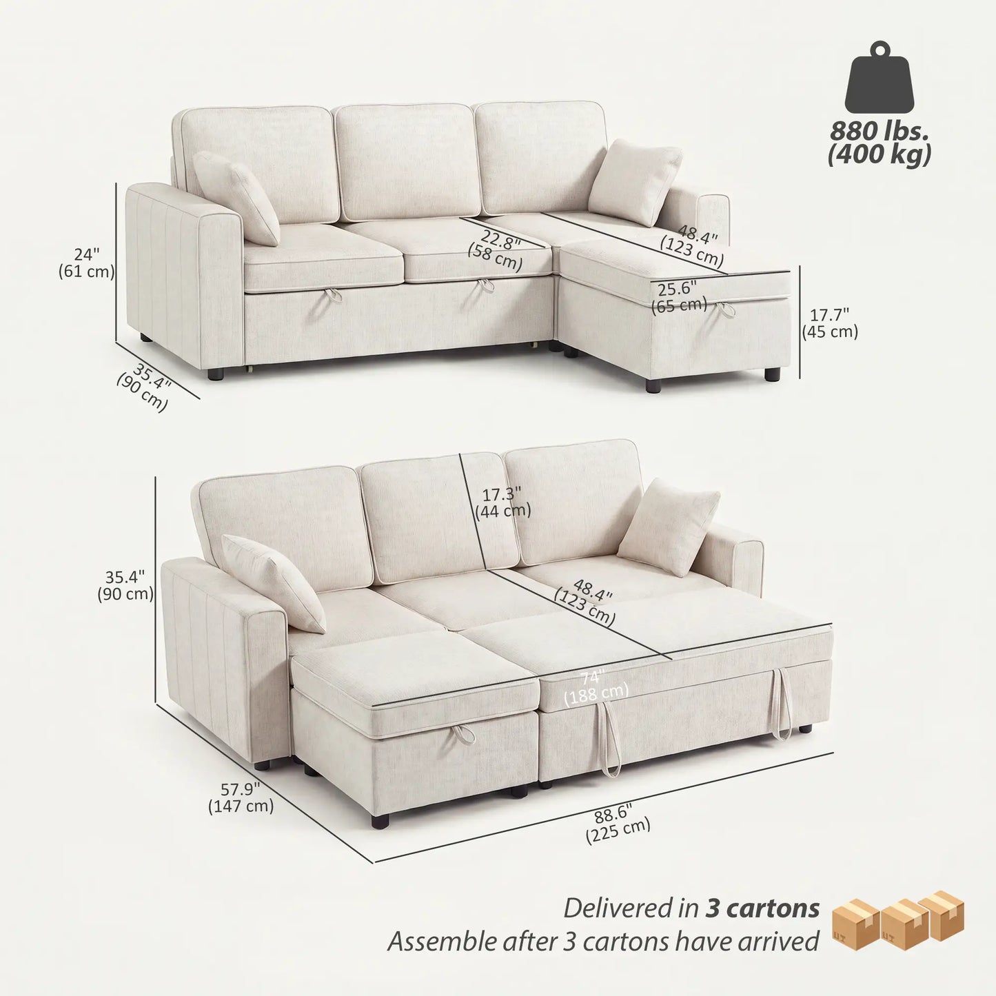 Modular Sectional Sofa Bed With Reversible Ottoman, Beige