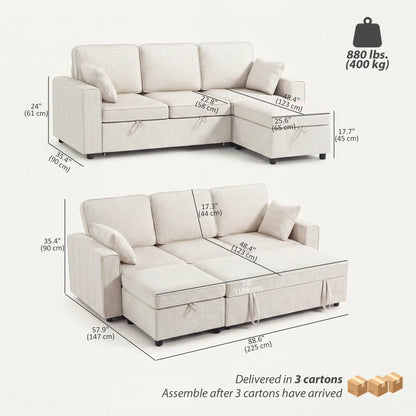 Modular Sectional Sofa Bed With Reversible Ottoman, Beige