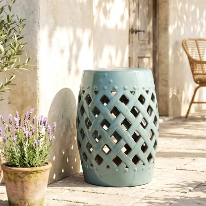 18" Ceramic Garden Stool, Woven Lattice Design, Indoor Outdoor, Blue Patio Chairs at Gallery Canada