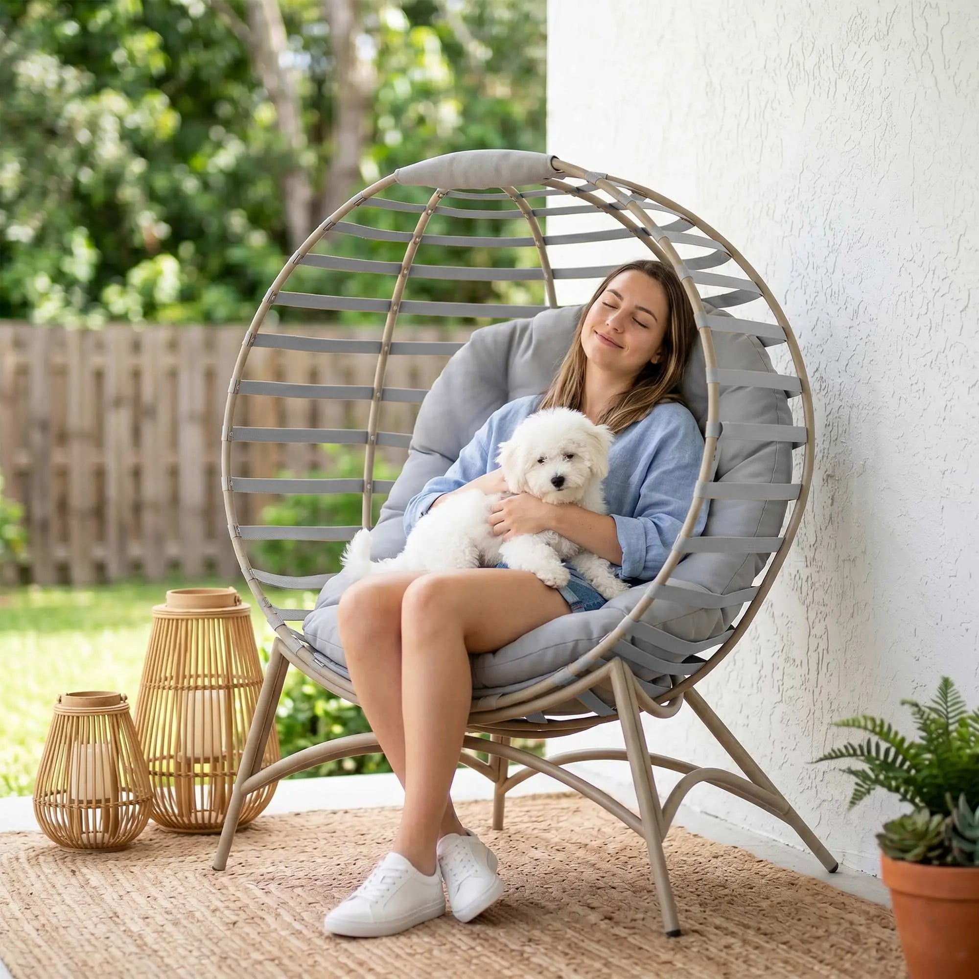 Egg Patio Lounge Chair, Foldable, with Cushion & Pocket, Light Grey, Light Grey Patio Chairs at Gallery Canada