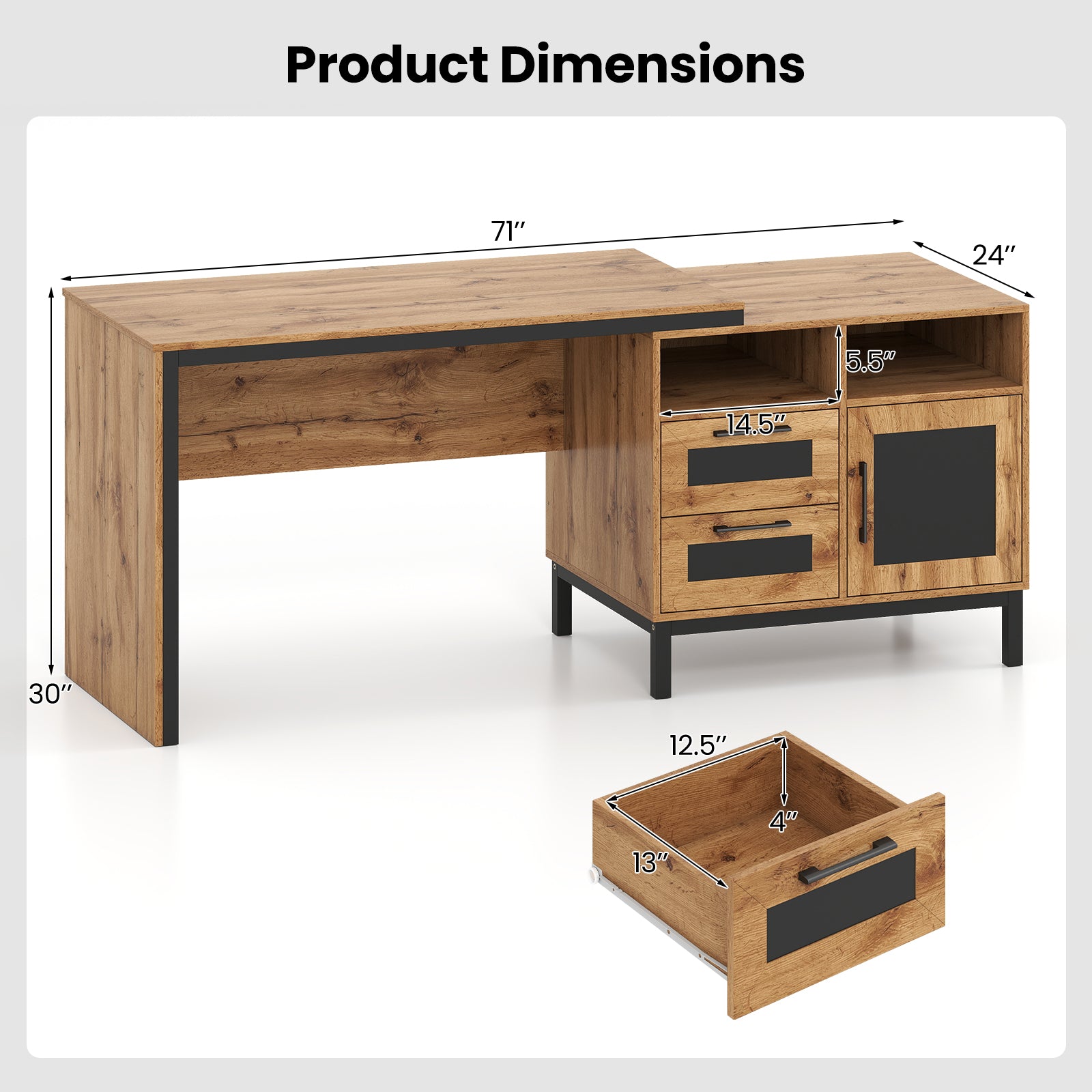 71-Inch Computer Table With Open Compartments, Drawers, Natural Computer Desks at Gallery Canada