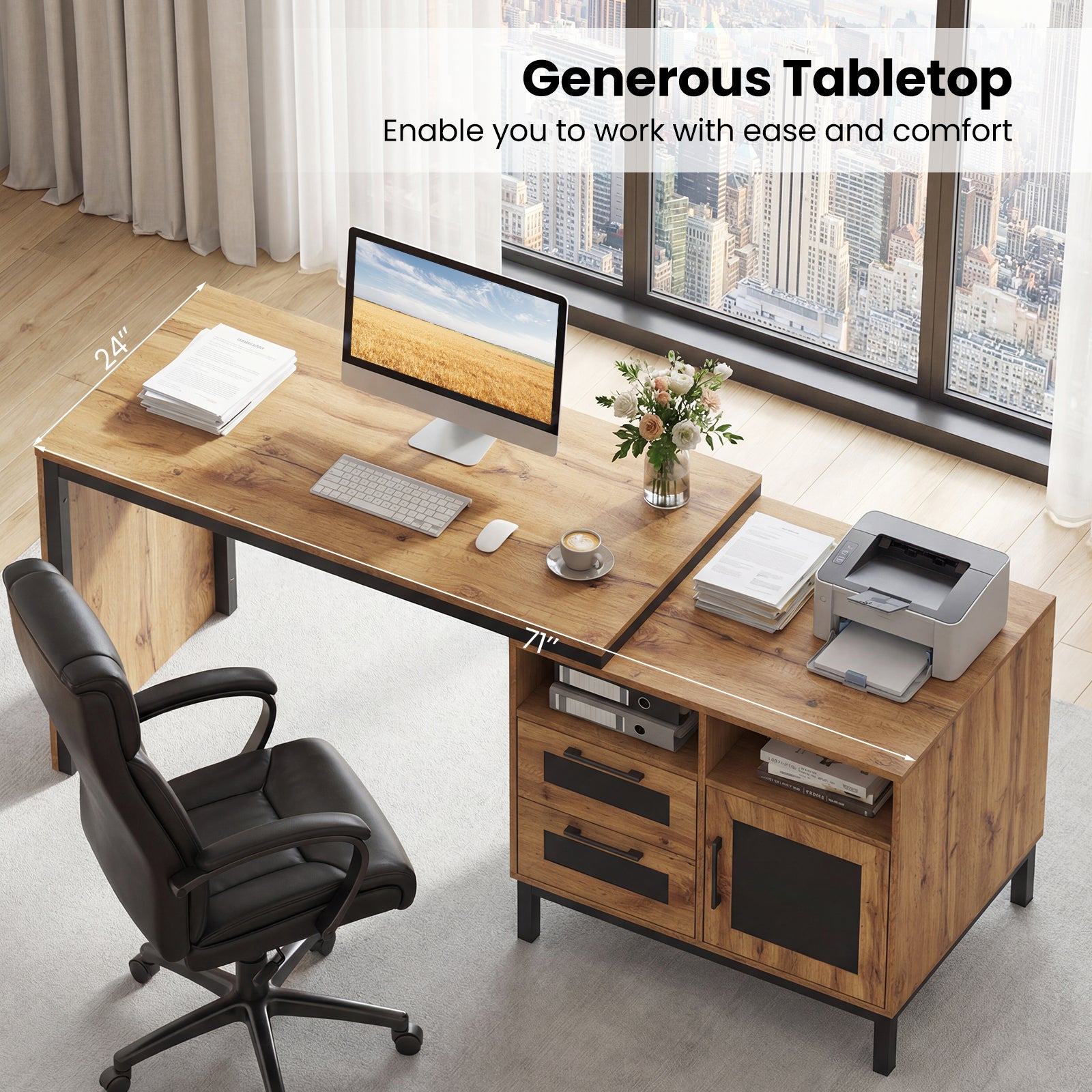 71-Inch Computer Table With Open Compartments, Drawers, Natural Computer Desks at Gallery Canada