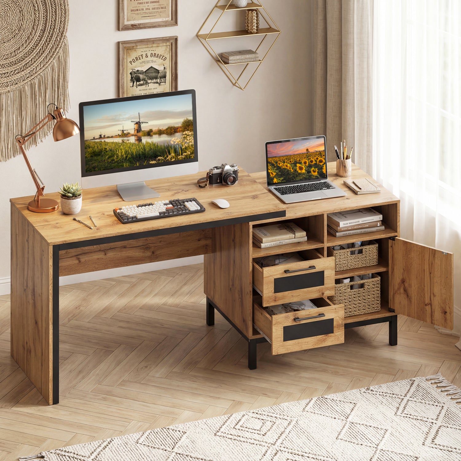 71-Inch Computer Table With Open Compartments, Drawers, Natural Computer Desks at Gallery Canada