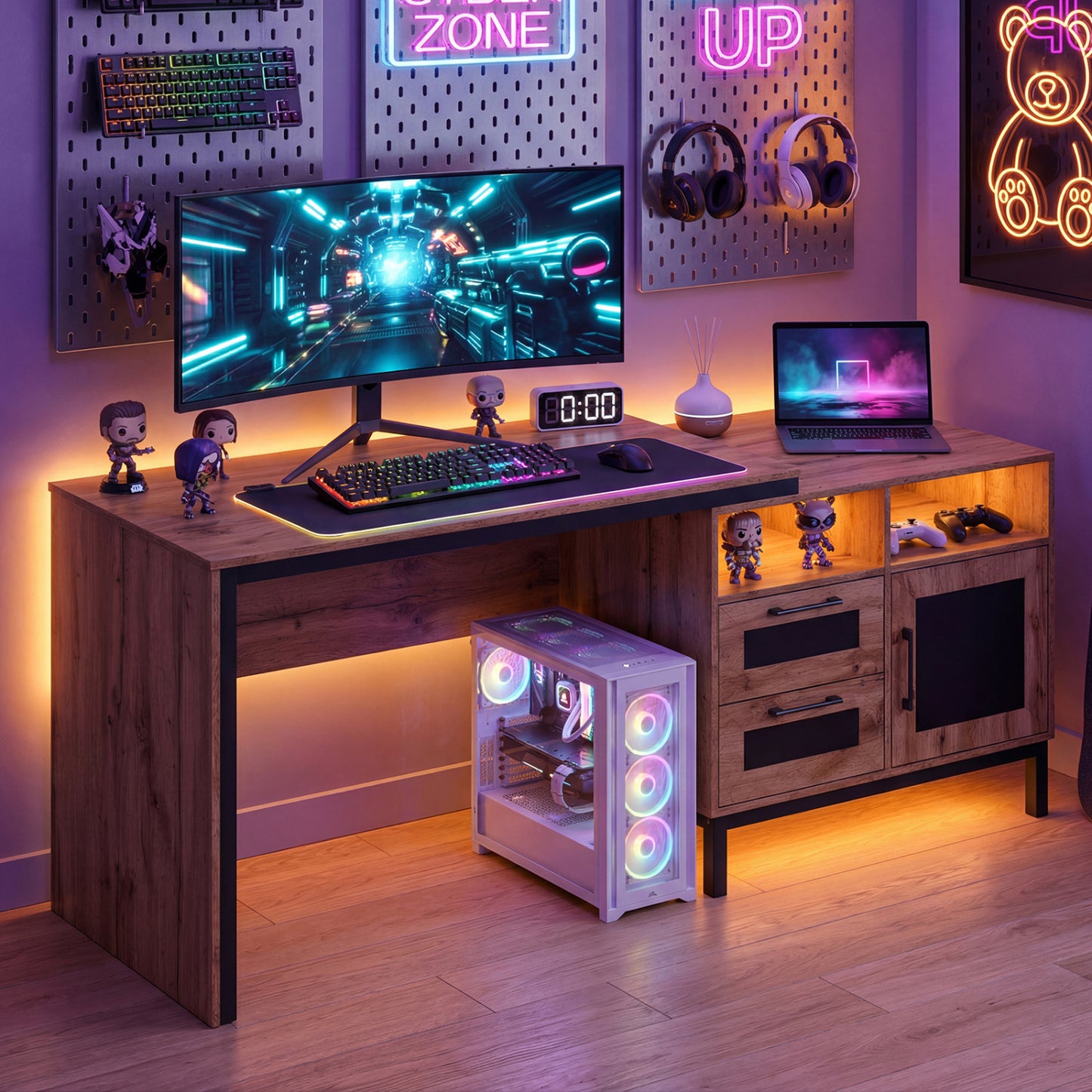 71-Inch Computer Table With Open Compartments, Drawers, Natural Computer Desks at Gallery Canada