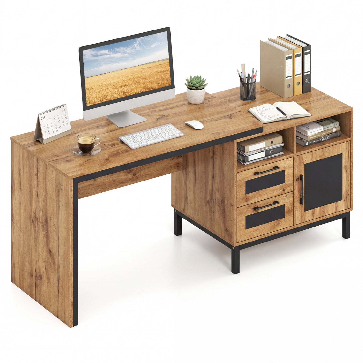 71-Inch Computer Table With Open Compartments, Drawers, Natural Computer Desks at Gallery Canada