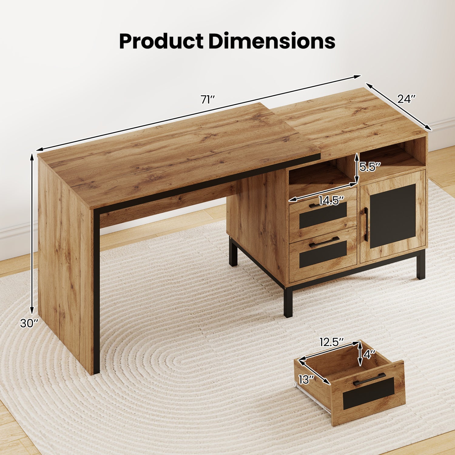 71-Inch Computer Table With Open Compartments, Drawers, Natural Computer Desks at Gallery Canada