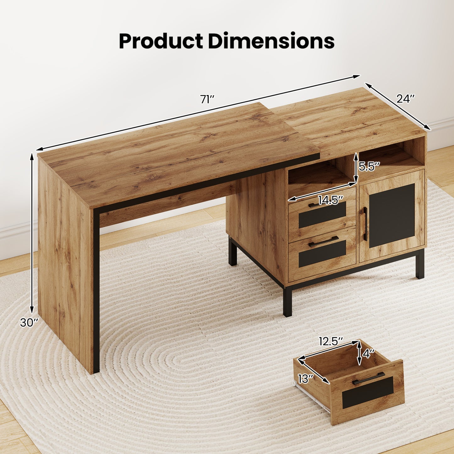 71-Inch Computer Table With Open Compartments, Drawers, Natural Computer Desks at Gallery Canada