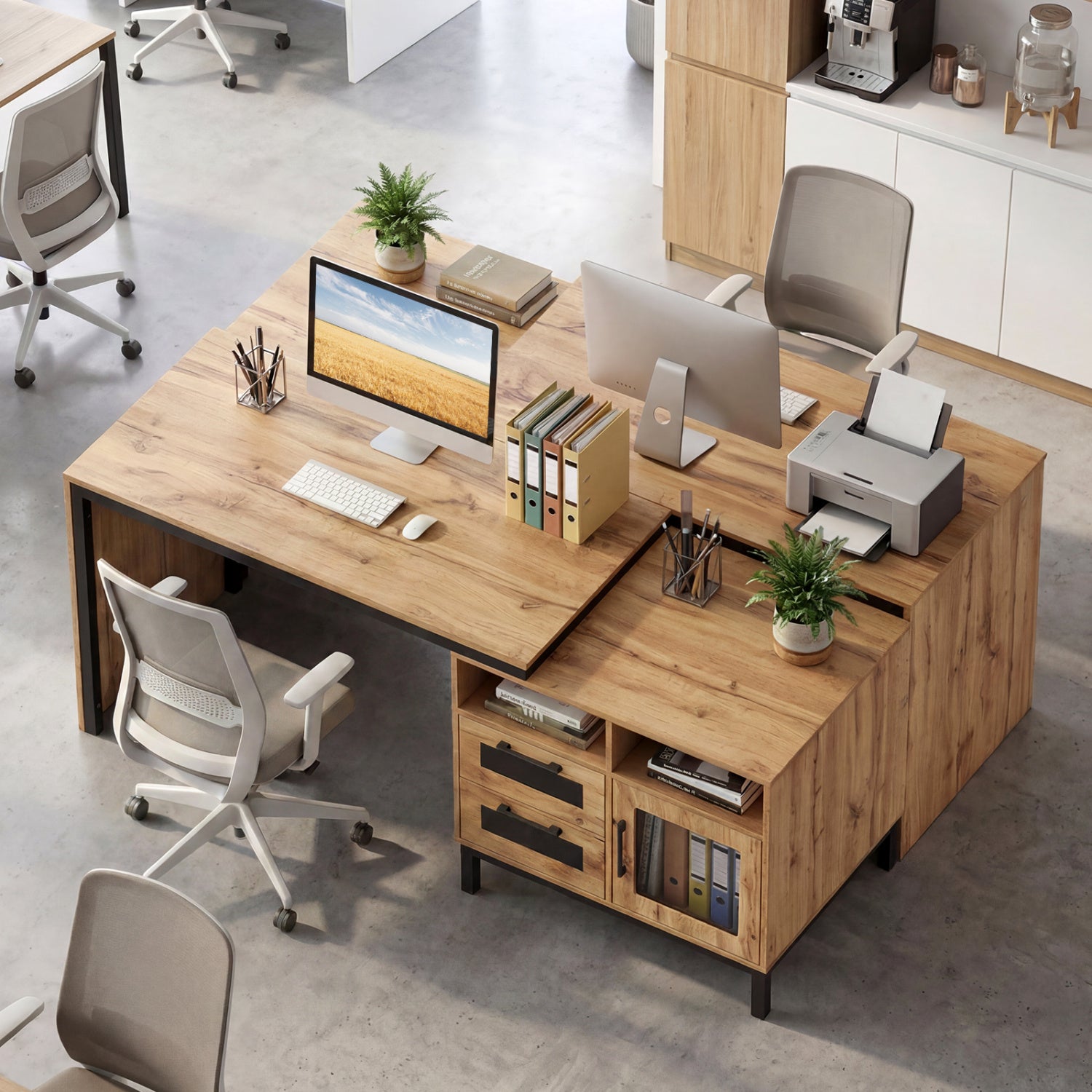 71-Inch Computer Table With Open Compartments, Drawers, Natural Computer Desks at Gallery Canada