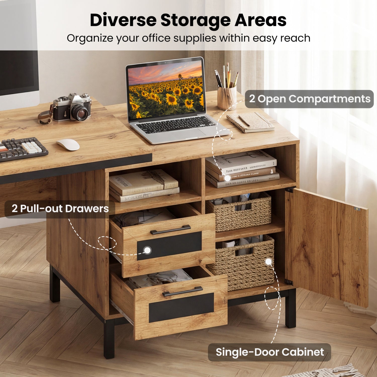 71-Inch Computer Table With Open Compartments, Drawers, Natural Computer Desks at Gallery Canada