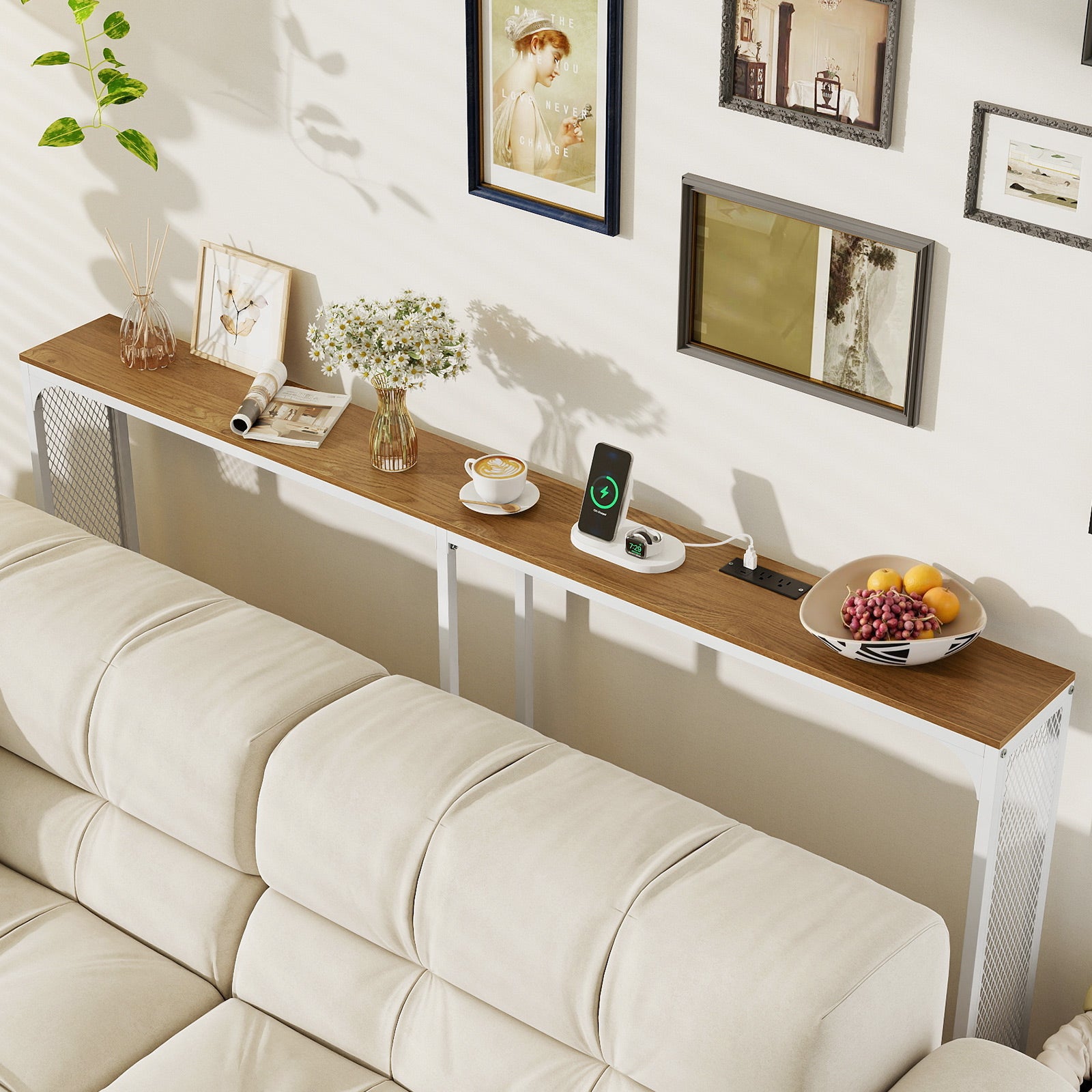 71 Inch Narrow Console Table with Power Outlet for Small Space, Natural Console Tables at Gallery Canada