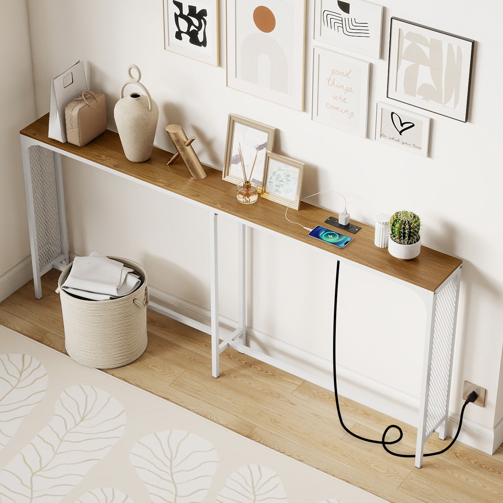71 Inch Narrow Console Table with Power Outlet for Small Space, Natural Console Tables at Gallery Canada