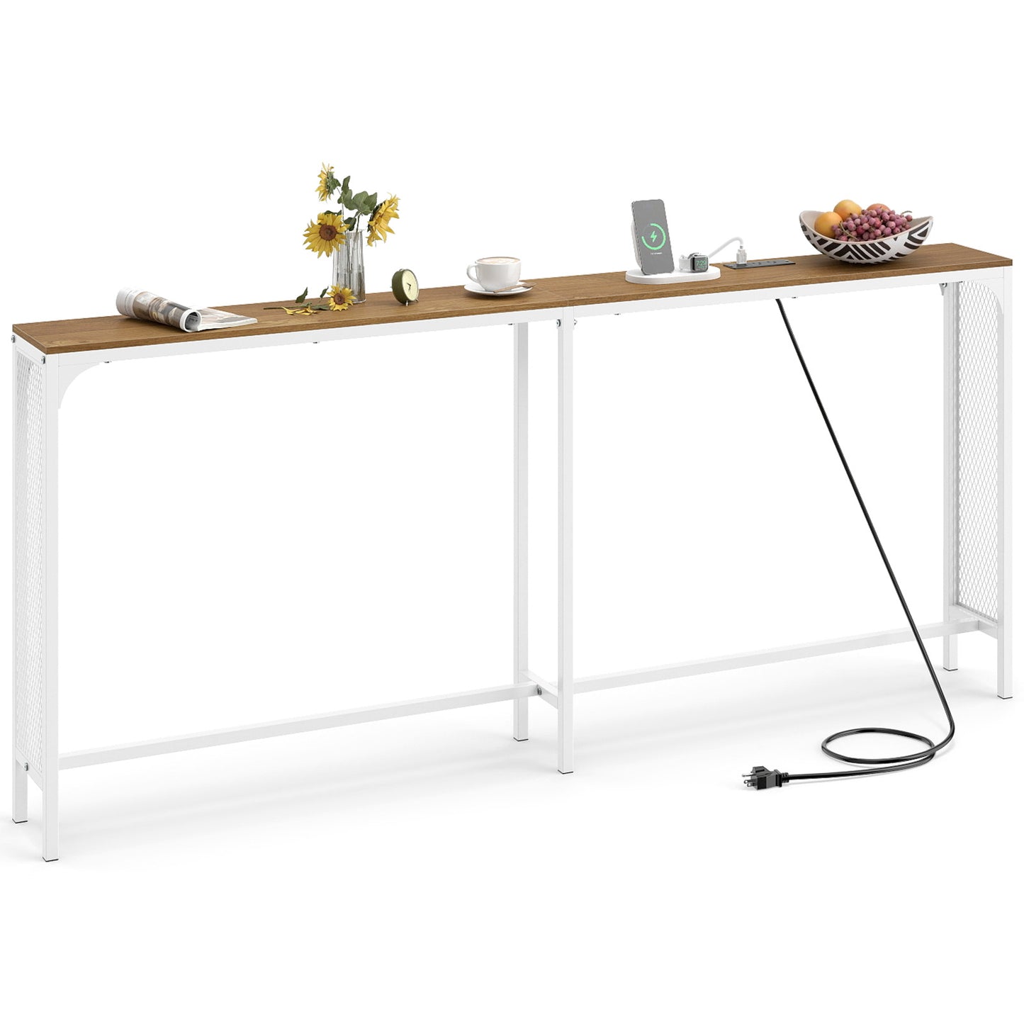 71 Inch Narrow Console Table with Power Outlet for Small Space, Natural Console Tables Natural at Gallery Canada