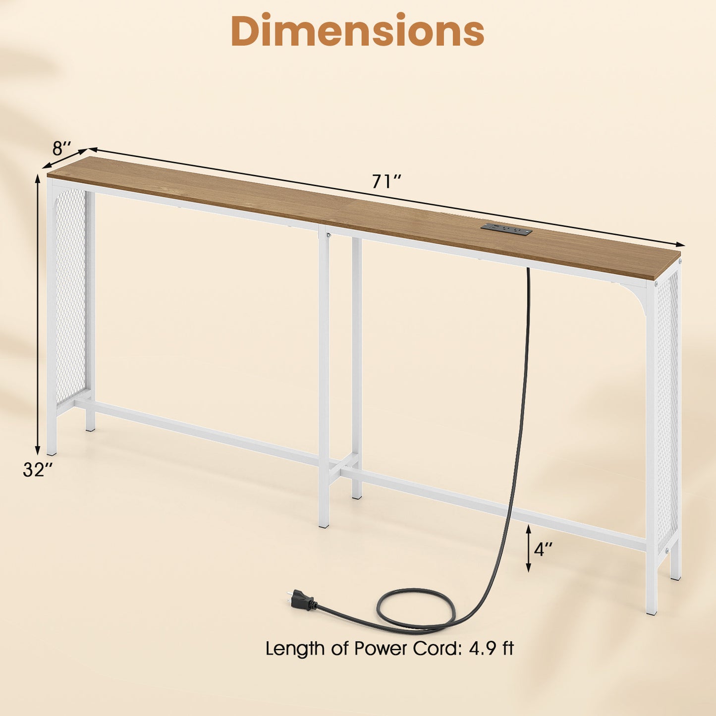 71 Inch Narrow Console Table with Power Outlet for Small Space, Natural Console Tables at Gallery Canada