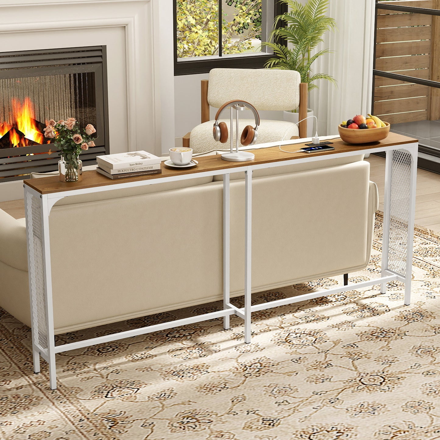 71 Inch Narrow Console Table with Power Outlet for Small Space, Natural Console Tables at Gallery Canada