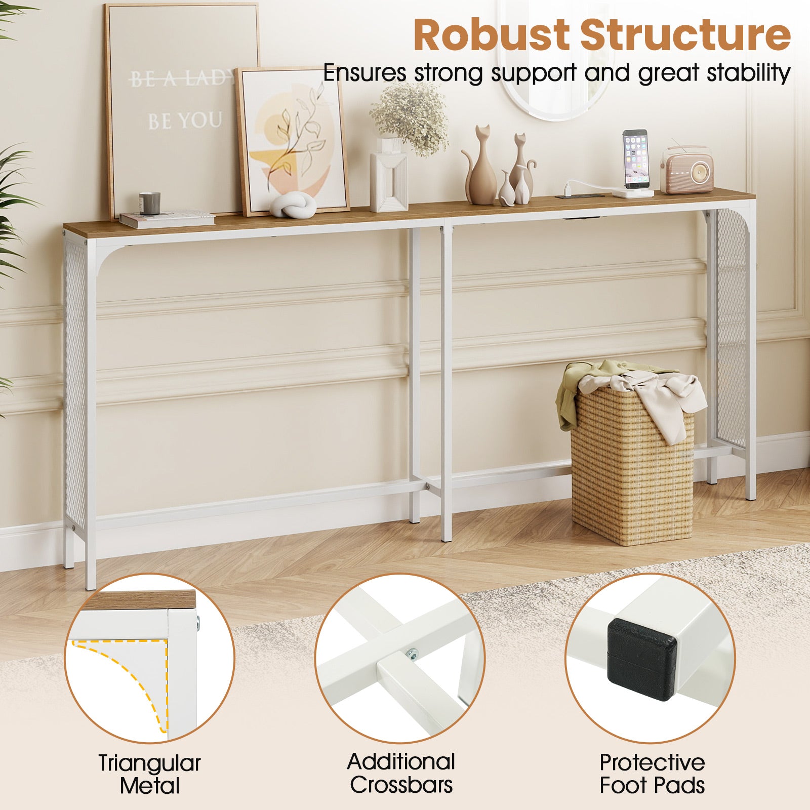 71 Inch Narrow Console Table with Power Outlet for Small Space, Natural Console Tables at Gallery Canada