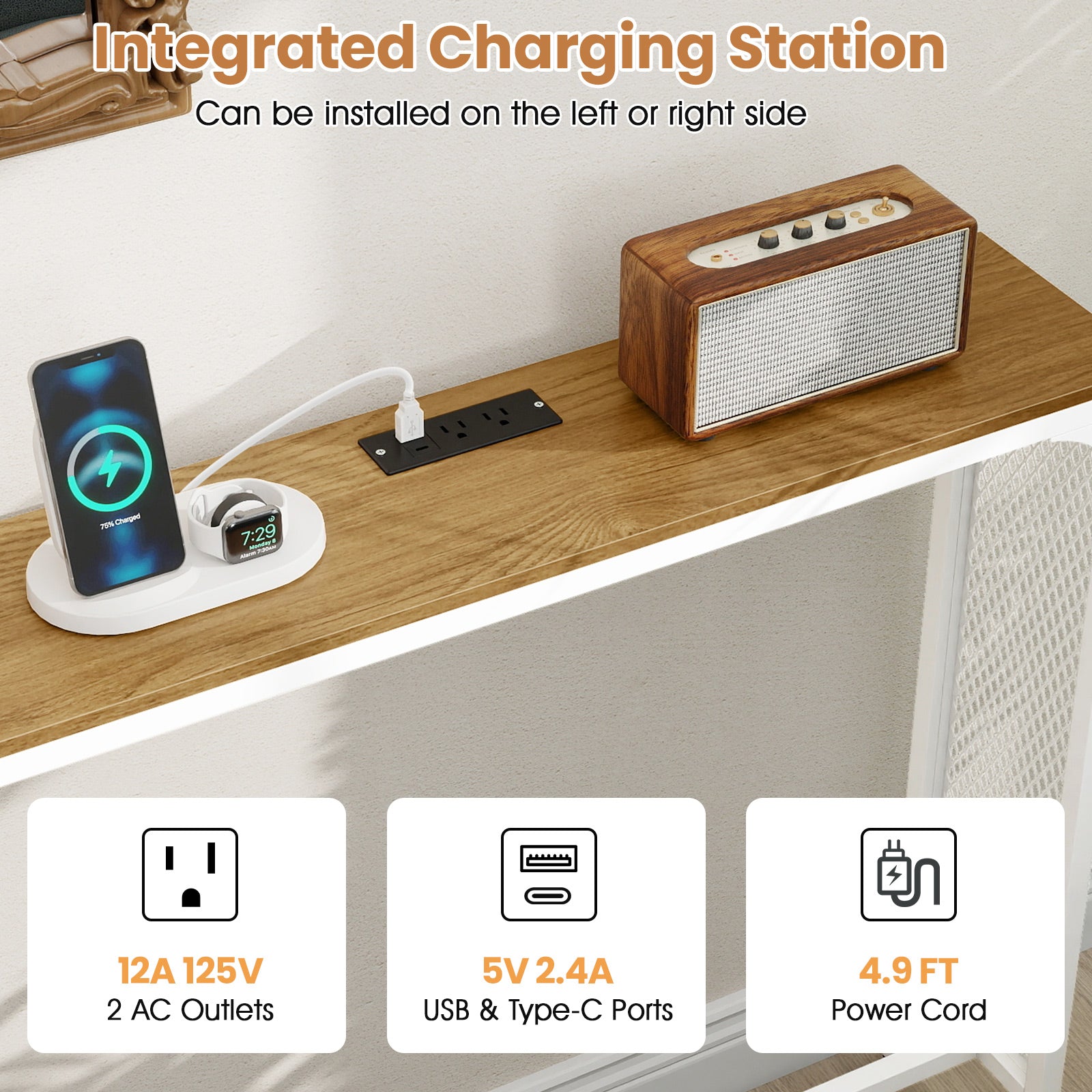 71 Inch Narrow Console Table with Power Outlet for Small Space, Natural Console Tables at Gallery Canada