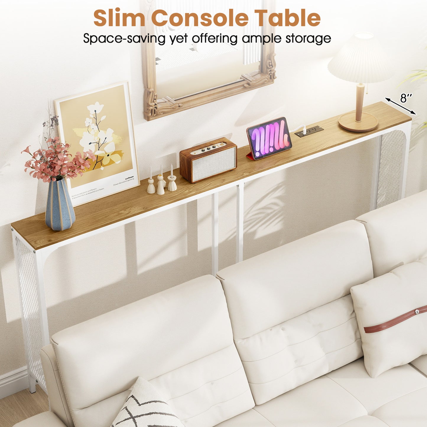 71 Inch Narrow Console Table with Power Outlet for Small Space, Natural Console Tables at Gallery Canada