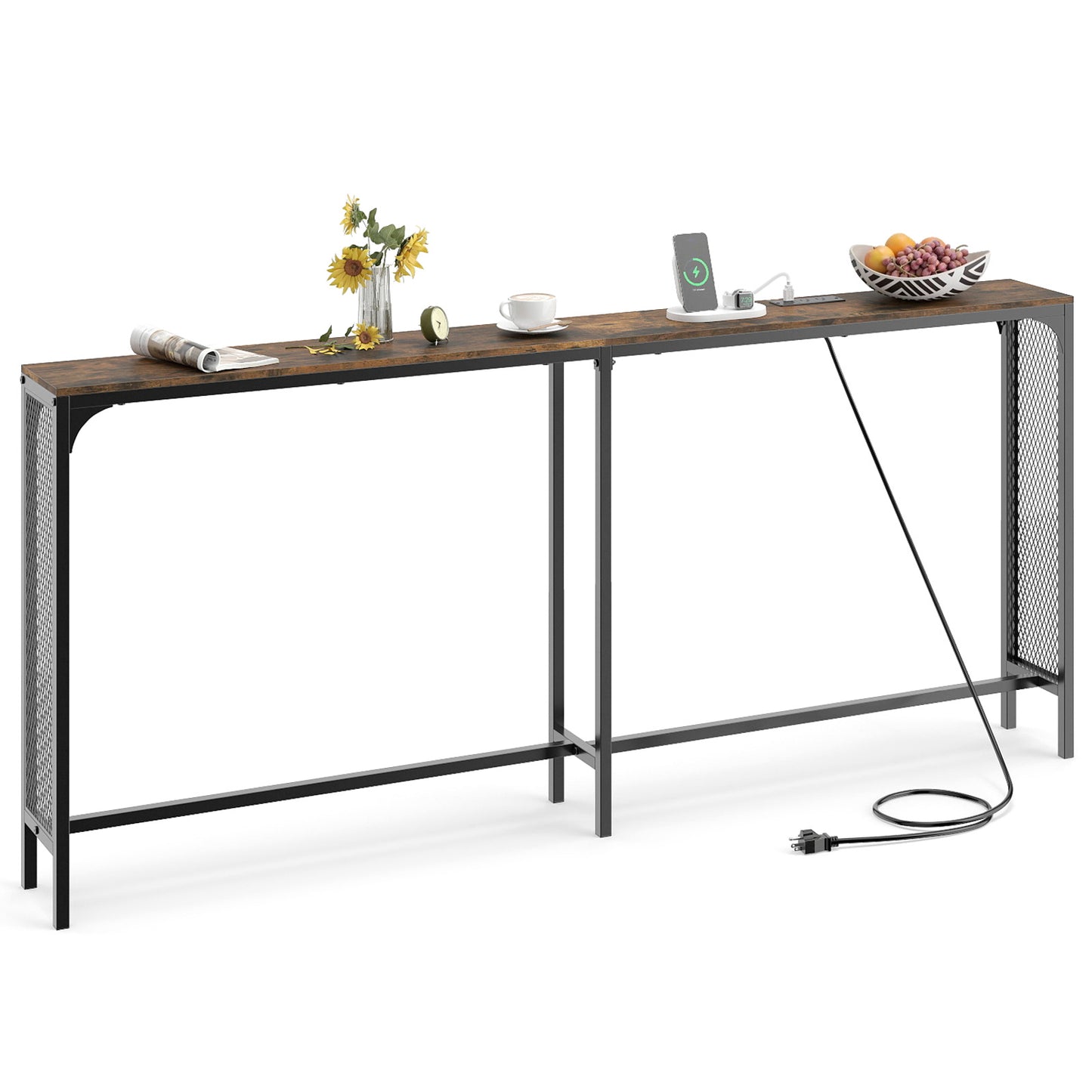 71 Inch Narrow Console Table with Power Outlet for Small Space, Rustic Brown