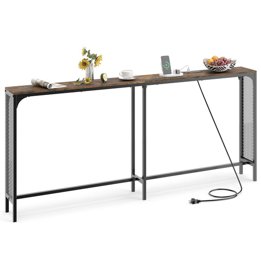71 Inch Narrow Console Table with Power Outlet for Small Space, Rustic Brown