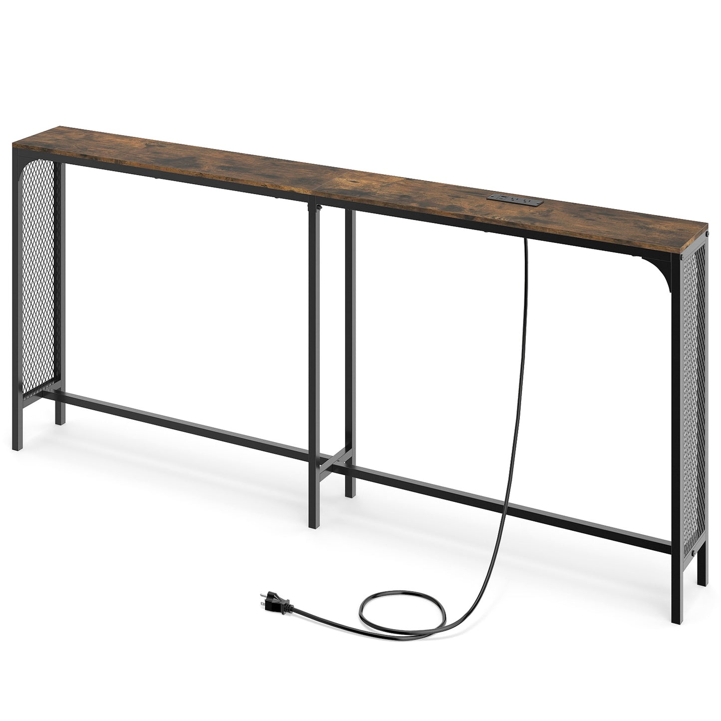 71 Inch Narrow Console Table with Power Outlet for Small Space, Rustic Brown