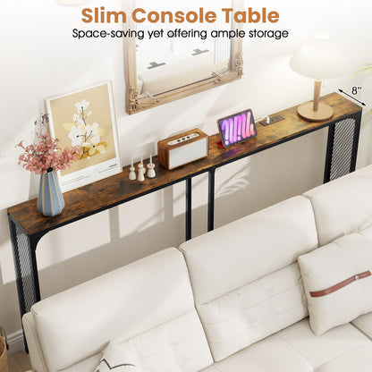 71 Inch Narrow Console Table with Power Outlet for Small Space, Rustic Brown