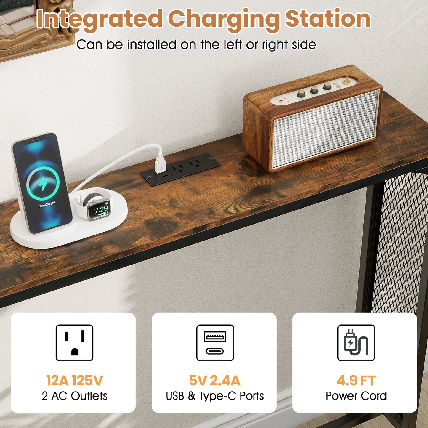 71 Inch Narrow Console Table with Power Outlet for Small Space, Rustic Brown