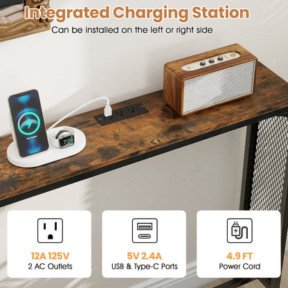 71 Inch Narrow Console Table with Power Outlet for Small Space, Rustic Brown