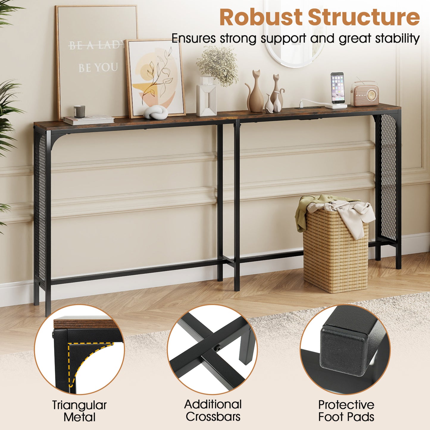 71 Inch Narrow Console Table with Power Outlet for Small Space, Rustic Brown