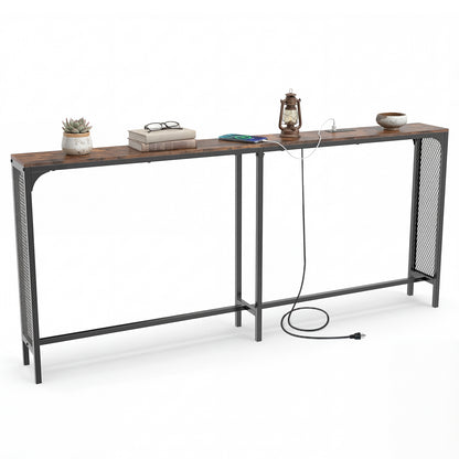 71 Inch Narrow Console Table with Power Outlet for Small Space, Rustic Brown Console Tables at Gallery Canada