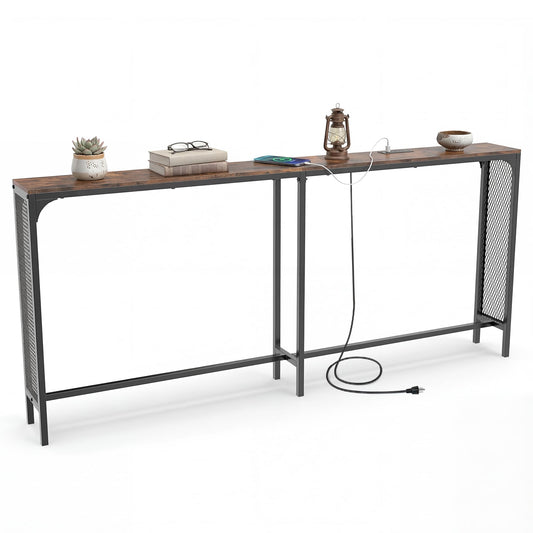 71 Inch Narrow Console Table with Power Outlet for Small Space, Rustic Brown Console Tables Rustic Brown at Gallery Canada