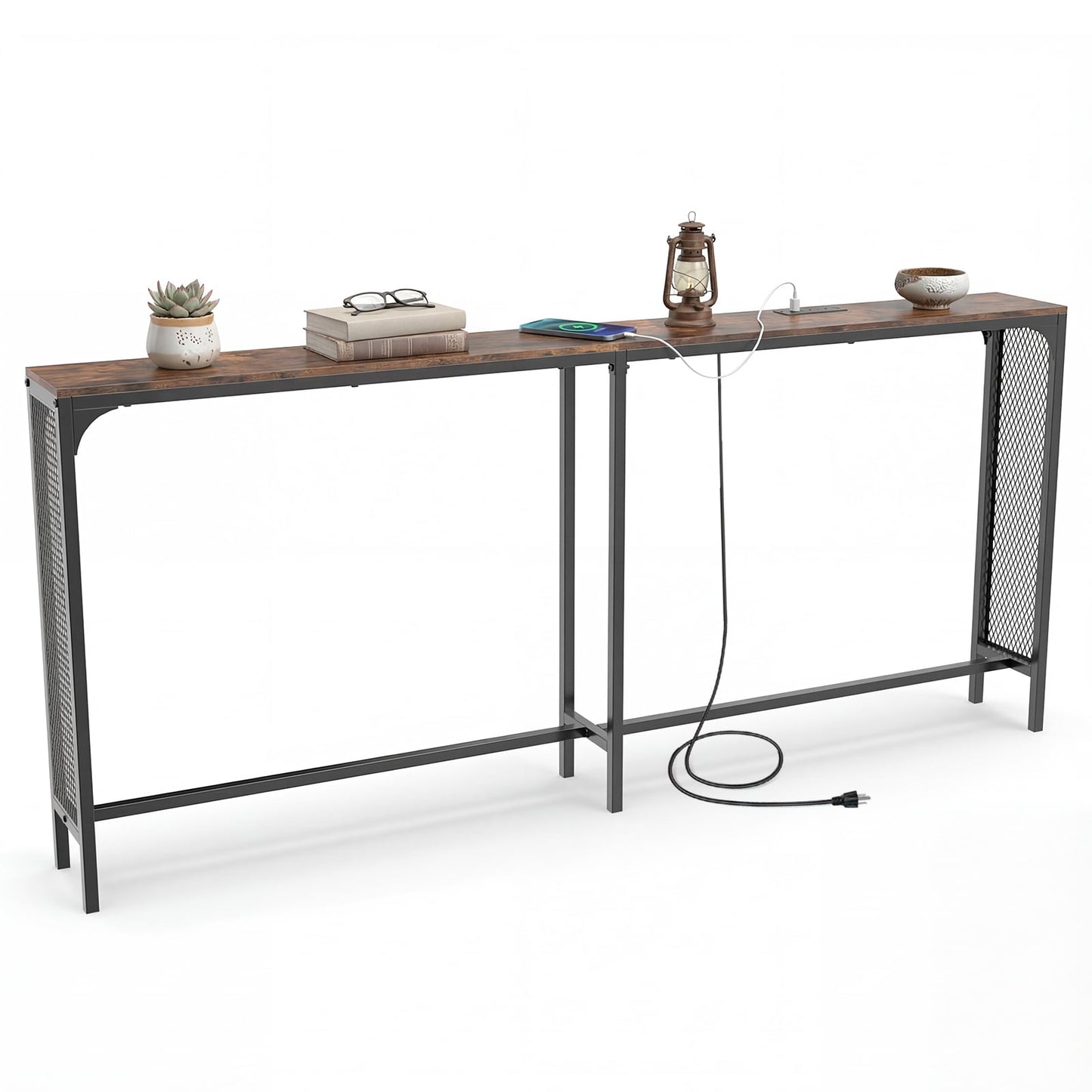 71 Inch Narrow Console Table with Power Outlet for Small Space, Rustic Brown Console Tables at Gallery Canada