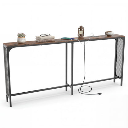 71 Inch Narrow Console Table with Power Outlet for Small Space, Rustic Brown Console Tables at Gallery Canada