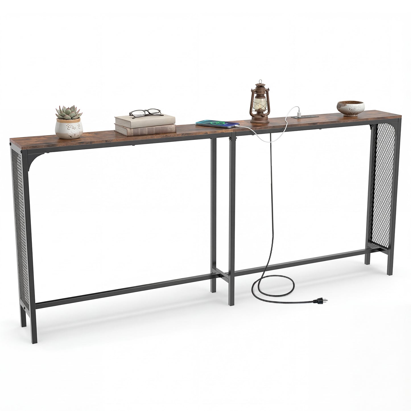 71 Inch Narrow Console Table with Power Outlet for Small Space, Rustic Brown Console Tables Rustic Brown at Gallery Canada