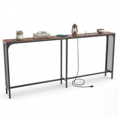 71 Inch Narrow Console Table with Power Outlet for Small Space, Rustic Brown