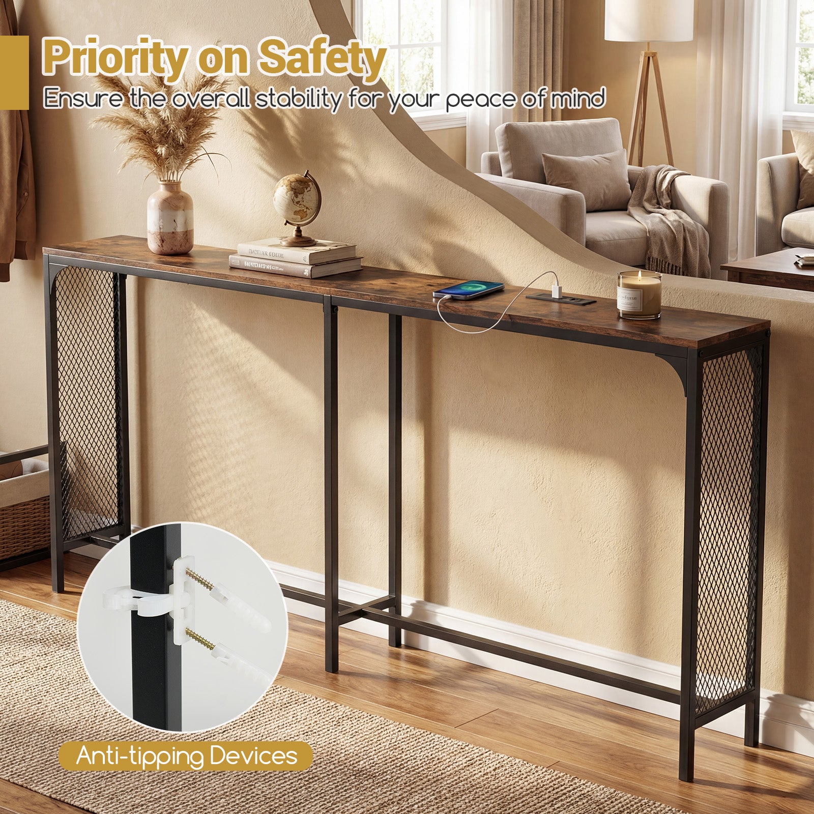 71 Inch Narrow Console Table with Power Outlet for Small Space, Rustic Brown Console Tables at Gallery Canada